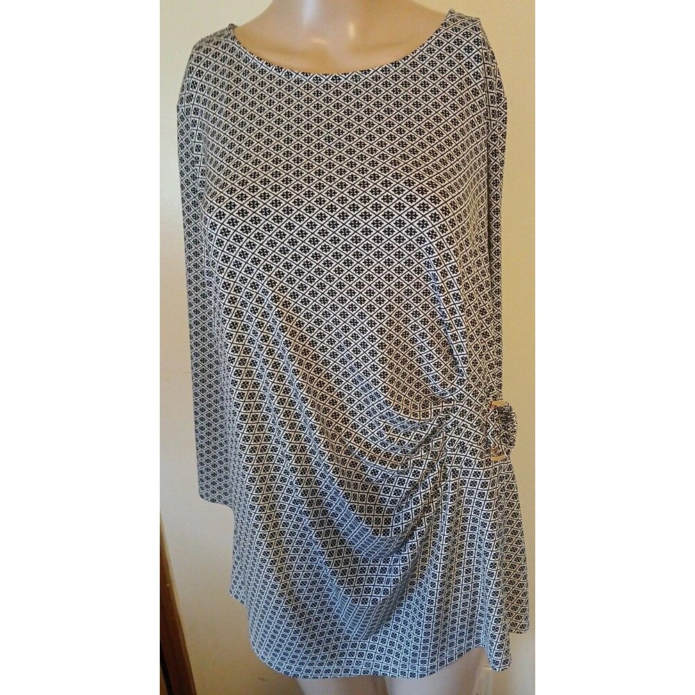 Liz Claiborne Career Blouse XL 3/4 Sleeve Black White/ Side Gold Buckle